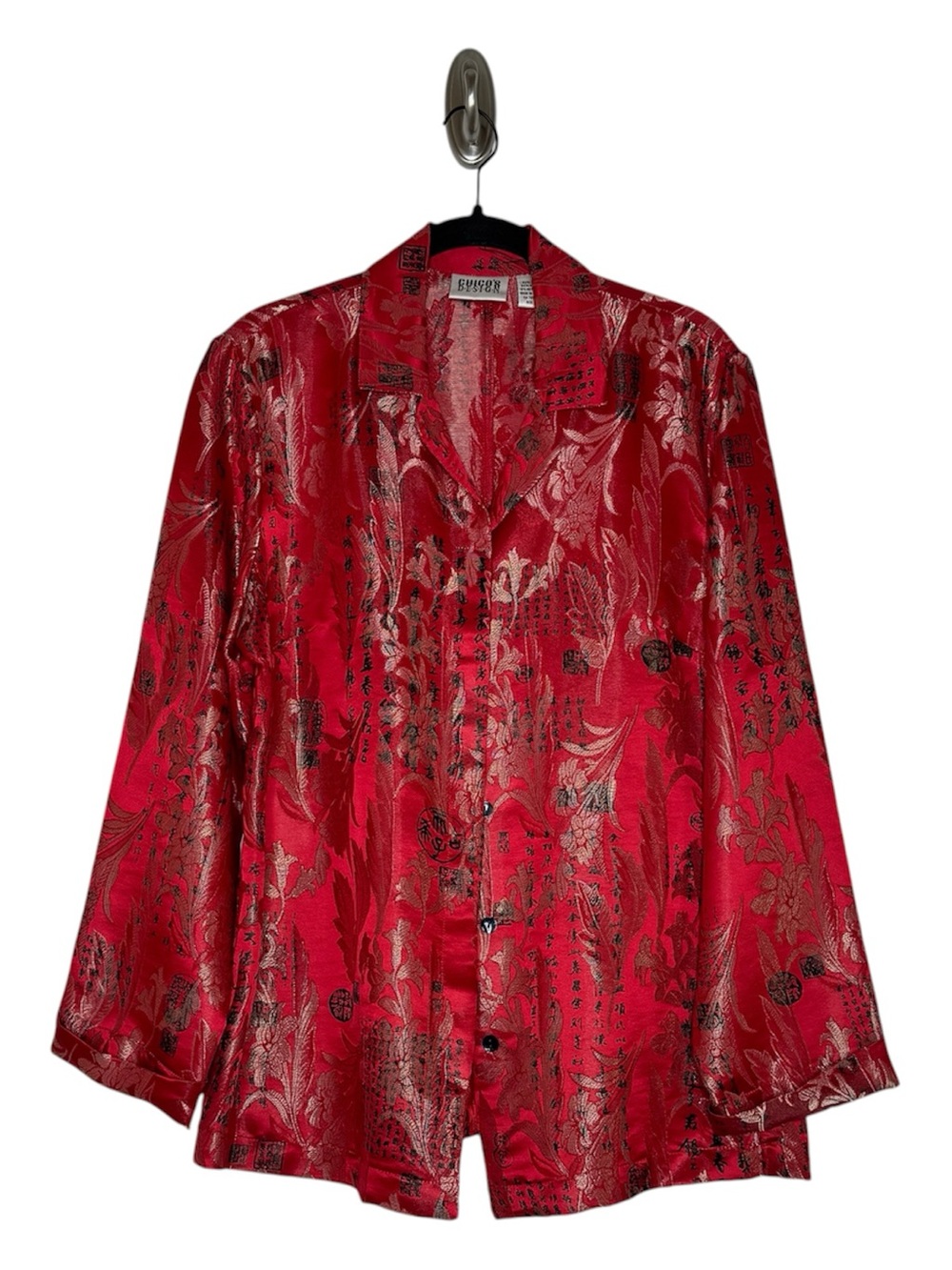 Chicos Design Brocade Silk Shirt Tapestry Button Up Floral Red Boho SZ Medium